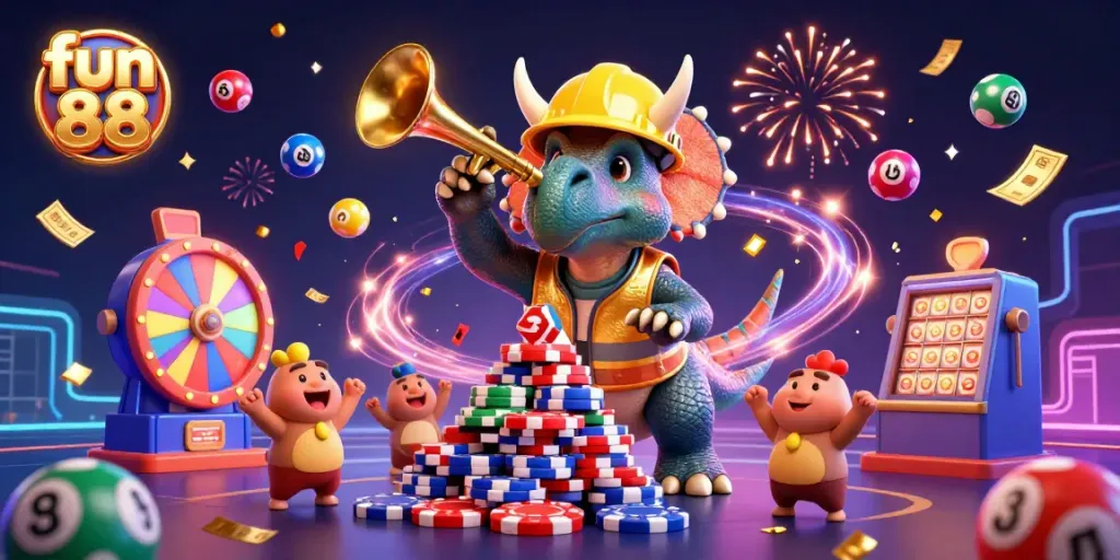 Exciting fun 88 casino illustration with triceratops building poker chips, celebrating wins in vibrant action.
