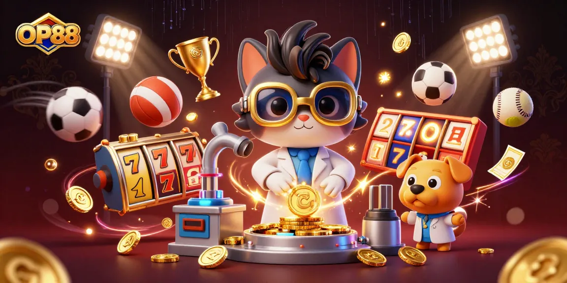Experience the excitement of OP88 with a vibrant 3D casino scene featuring mad scientist and dog creating winnings.