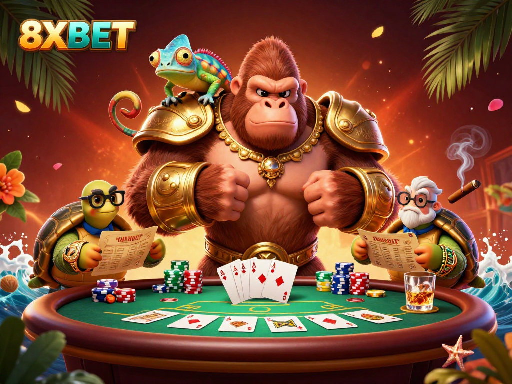Experience thrilling poker moments at 8XBET with dynamic gaming characters and vibrant casino elements.