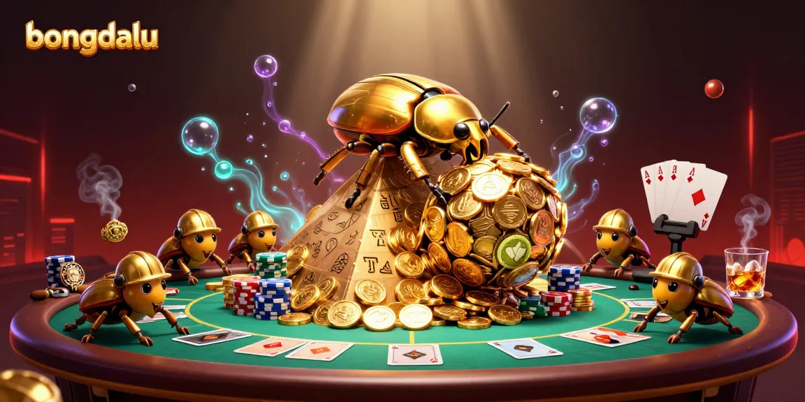 Bongdalu showcases a vibrant scene with beetles and golden coins, emphasizing online gambling excitement.