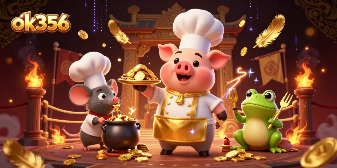 Engage with the excitement of ok356 as a gourmet pig chef serves golden coins in a vibrant casino scene.