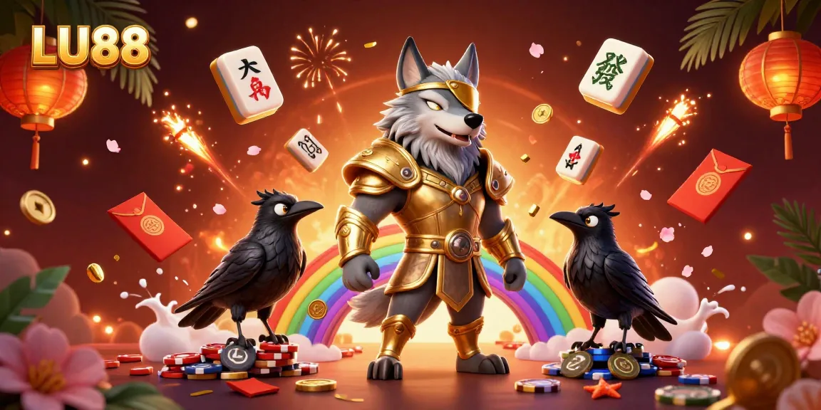 Experience thrilling gameplay at LU88 with Odin and raven companions standing on a casino chip rainbow bridge.