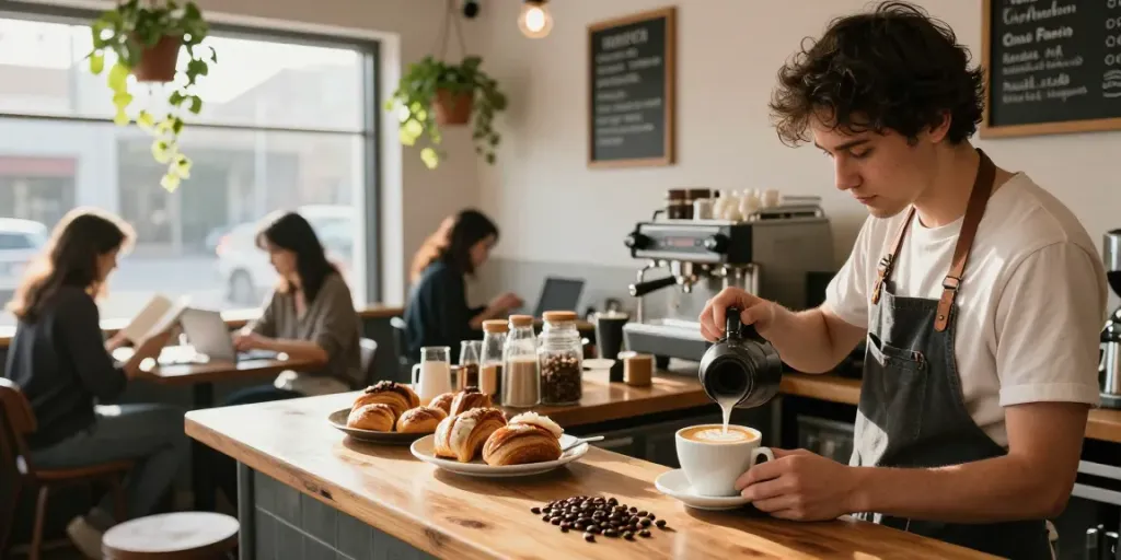 Barista creates latte art at rokok88 coffee shop, showcasing warm atmosphere and community vibe.