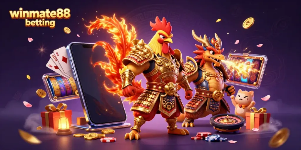 Engage in winmate88 betting adventure with a dynamic illustration of an armored rooster warrior alongside a dragon hatchling.