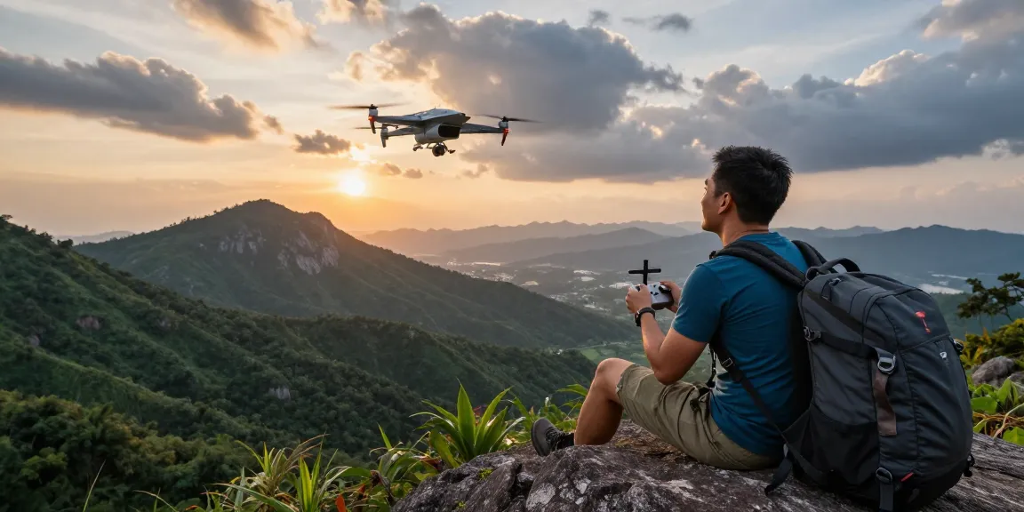 Adventurer flying F168 drone at sunset over mountains, capturing stunning views.