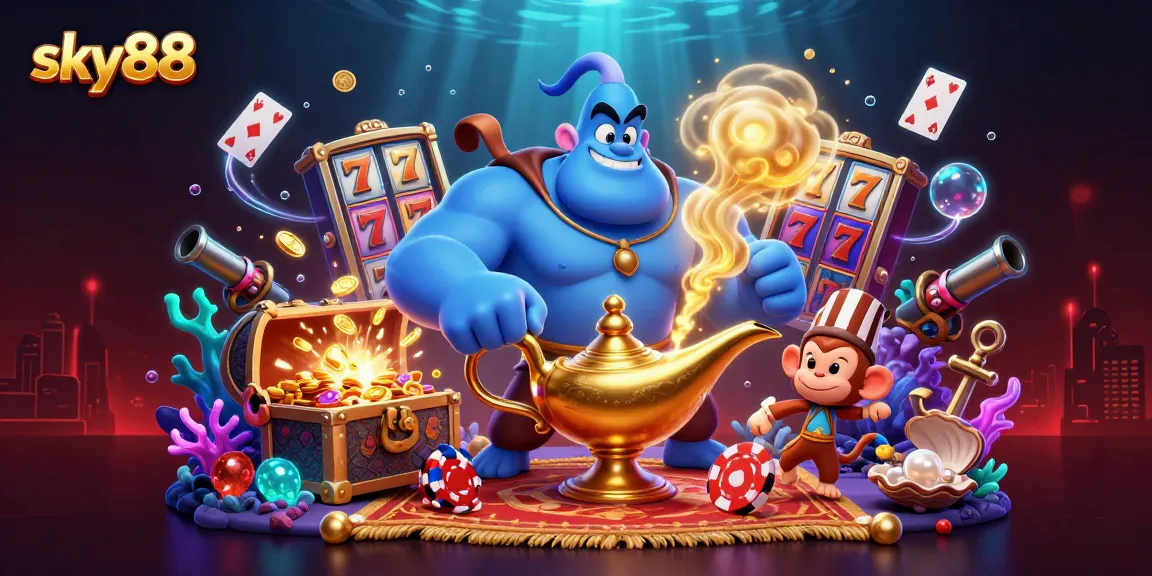 Engage with sky88's vibrant casino art featuring a genie, magic carpet, and exciting slot elements.