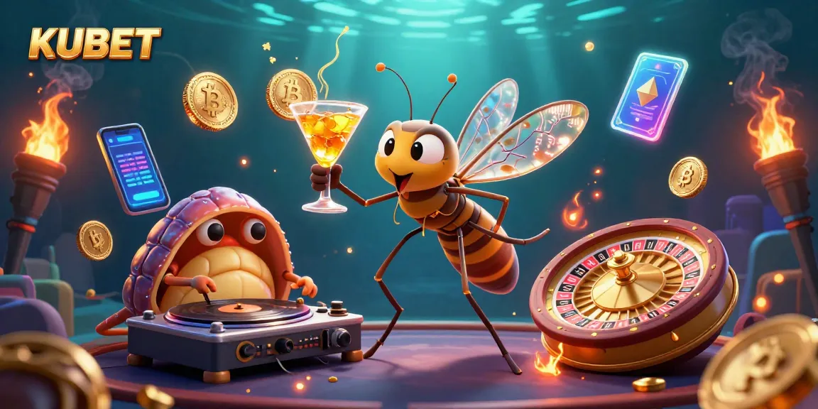 KUBET brings to life a vibrant casino scene with cartoon characters and crypto elements.