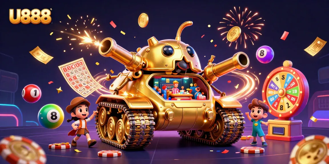 U888 presents a vibrant illustration of a golden casino beetle tank shooting confetti and coins.