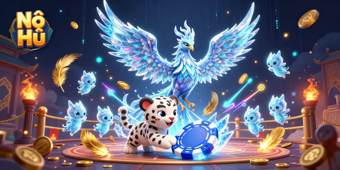 Nổ Hũ offers a colorful, enchanting gaming scene with an ice phoenix and playful characters.