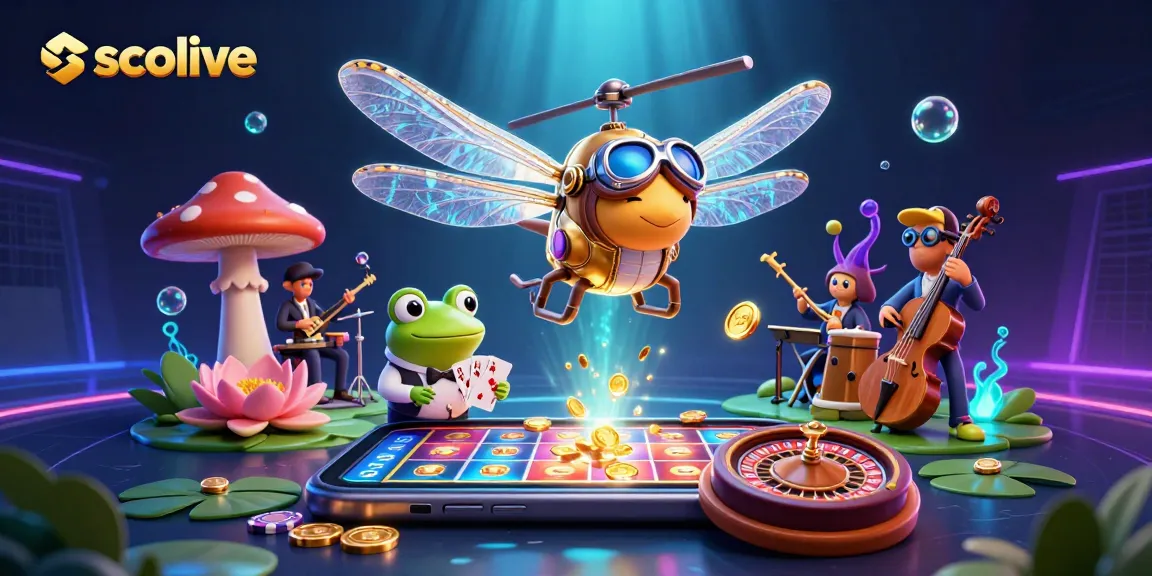 Socolive engages players with vibrant casino fun, featuring a dragonfly pilot and frog dealer in a dynamic scene.