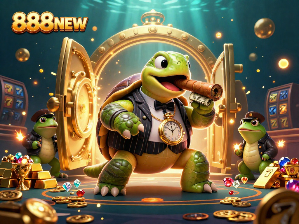 Play slots at 888NEW with a colorful scene featuring a snapping turtle and bullfrogs, rich in casino-themed elements.