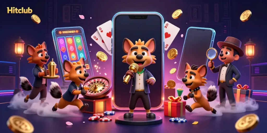 Join the fun at Hitclub with hyenas enjoying comedy, drinks, and casino games in a vibrant scene.