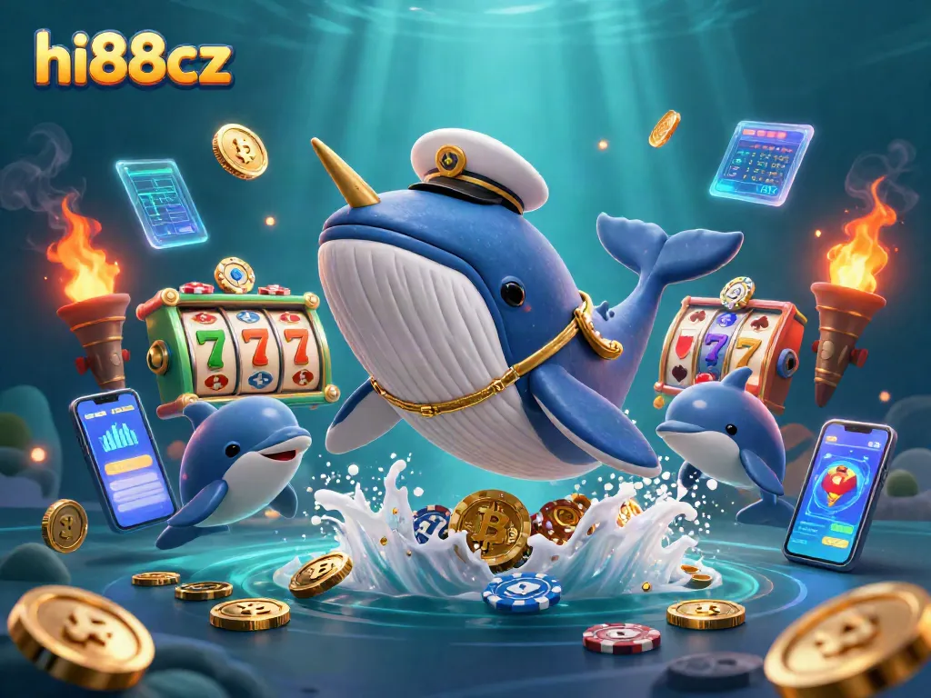 Engage with hi88cz in a vibrant underwater casino scene featuring a whale and poker-playing dolphins.