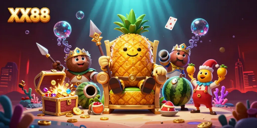 Experience vibrant gameplay at XX88 with a 3D illustration featuring a pineapple king in a colorful casino.