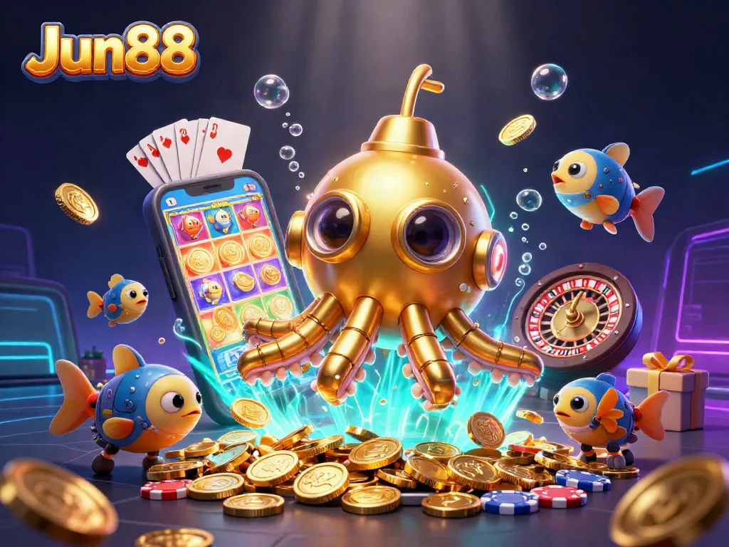 Experience thrilling gameplay at Jun88 with a golden kraken submarine bursting from coins.