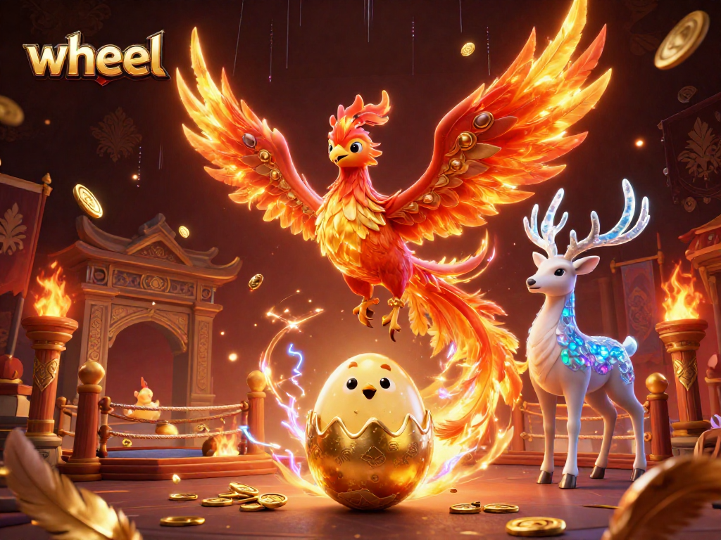 Spin the wheel for thrilling prizes in this vibrant 3D gaming scene featuring a phoenix and crystal stag.