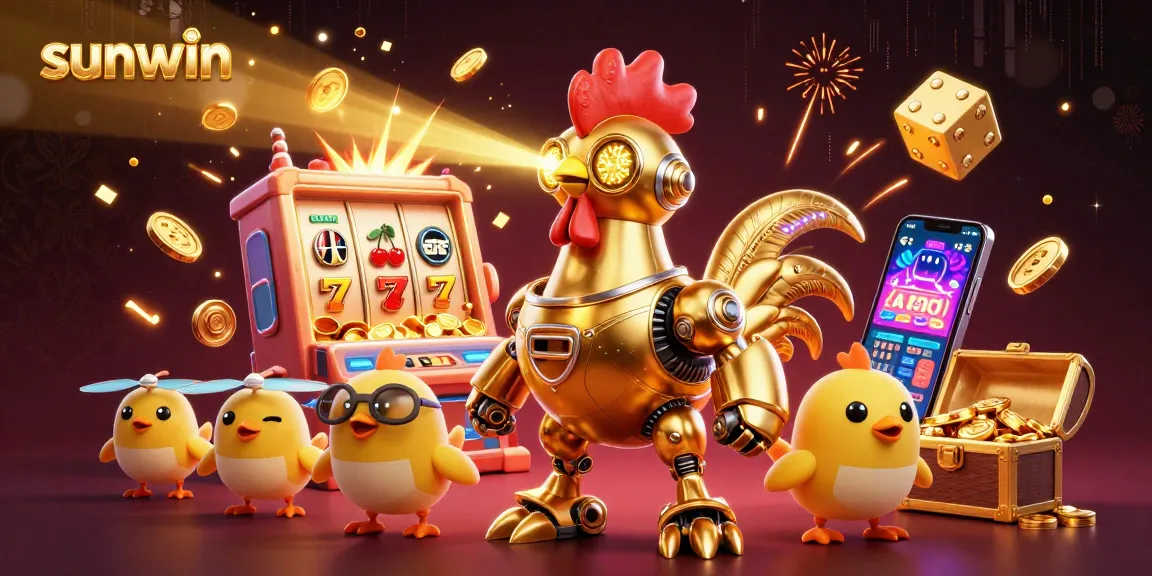 Experience sunwin gaming with a retro-futuristic golden rooster robot leading a jackpot explosion scene.