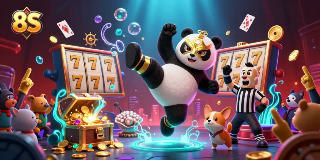 Watch 8S come alive with an animated panda wrestler and casino game elements, capturing the excitement.