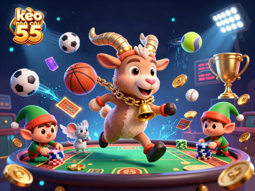 Engage with kèo nhà cái 55 through a chaotic sports betting scene featuring festive characters and dynamic elements.