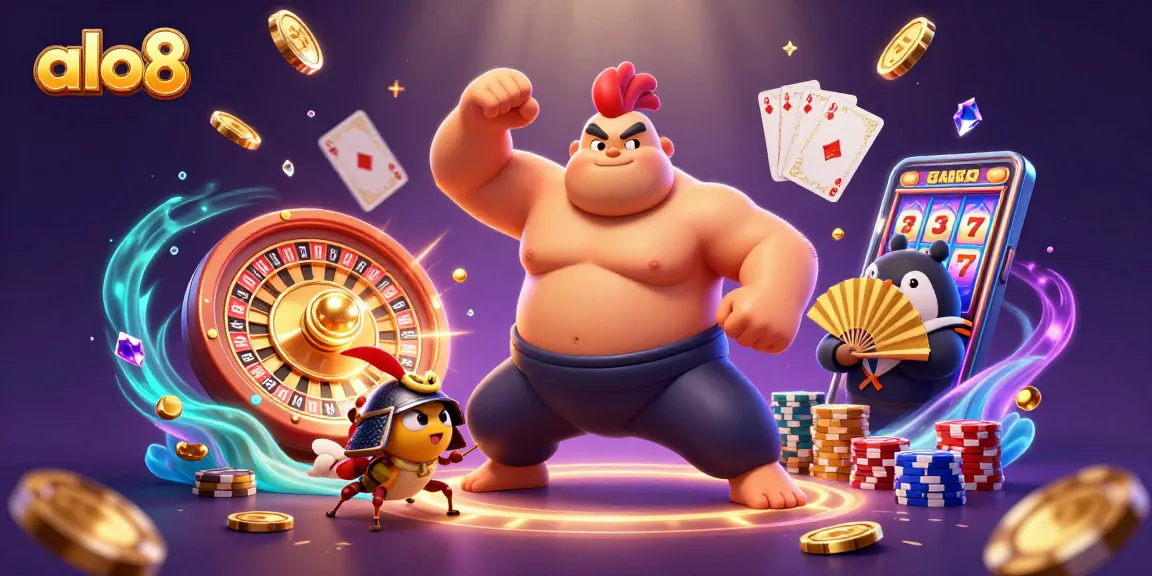 Engage with alo8's dynamic casino adventure featuring animated characters and sparkling game elements.