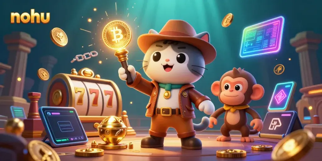 Experience thrilling gameplay in nohu with an explorer cat discovering jackpot treasures in a vibrant casino.