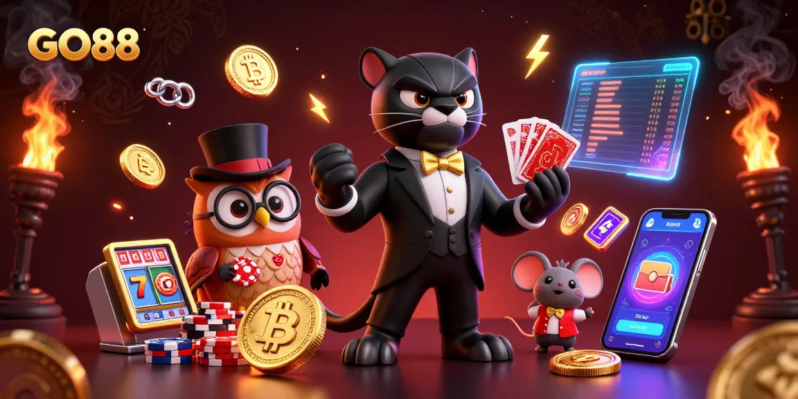 Experience winning gameplay with GO88 in this vibrant 3D illustration featuring playful casino characters.