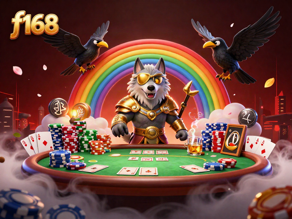 Place your bets with f168 on a vibrant casino-inspired scene featuring Odin and ravens.