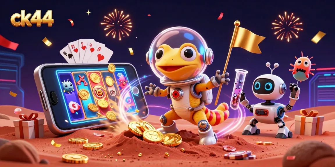 ck44 casino adventure with a Martian gecko discovering a golden casino amidst vibrant gaming elements and excitement