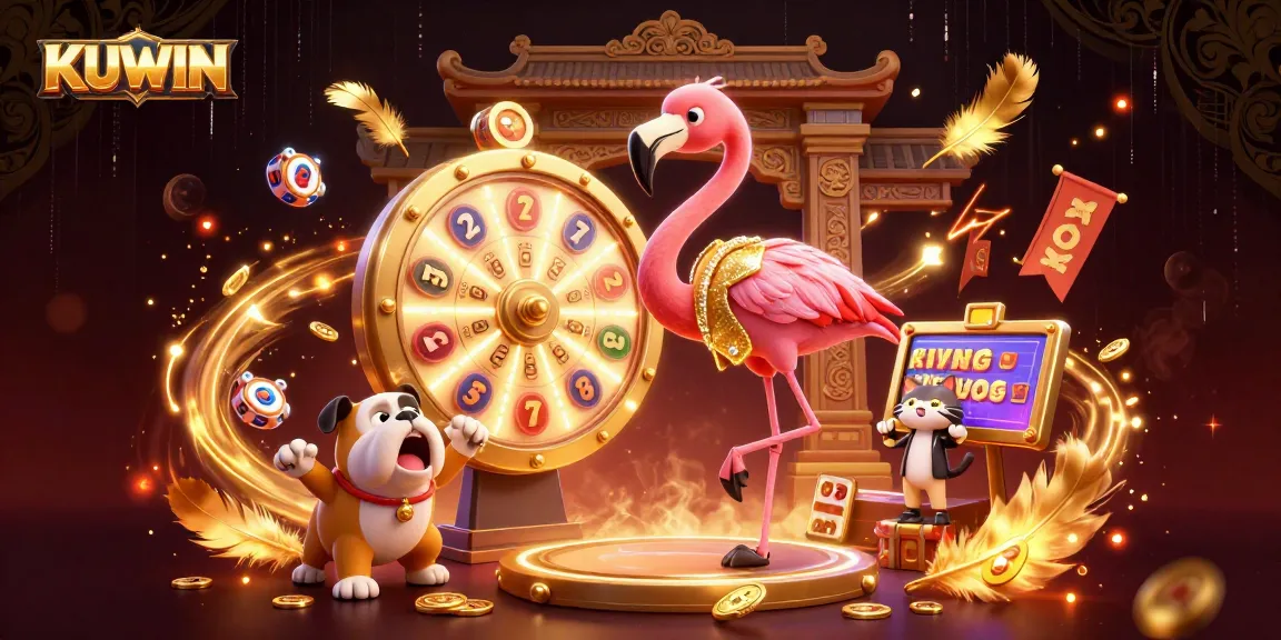 KUWIN's thrilling game show with flamingo host, bulldog contestant, and prize reveals at a lively casino