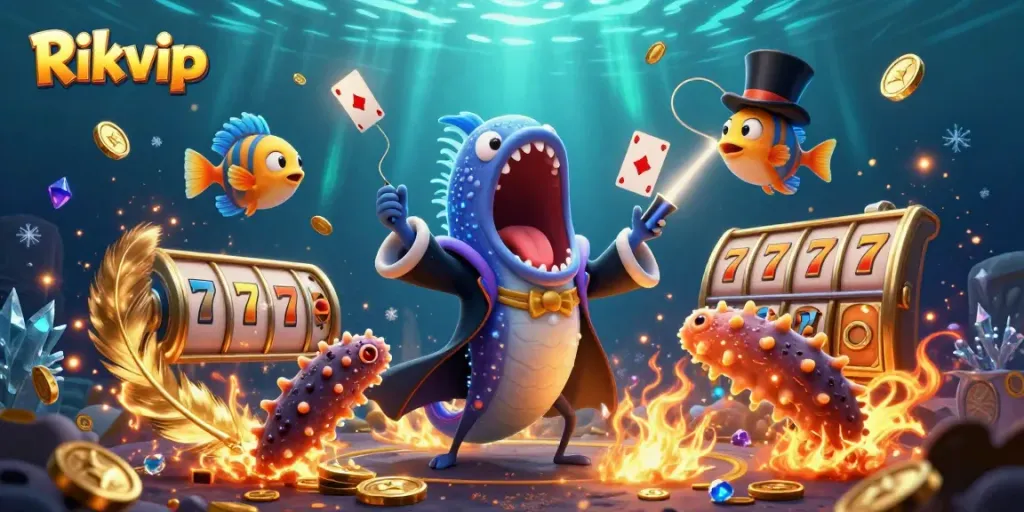 Experience the thrills of Rikvip with a fantastical underwater casino scene featuring vibrant characters and immersive gameplay elements.