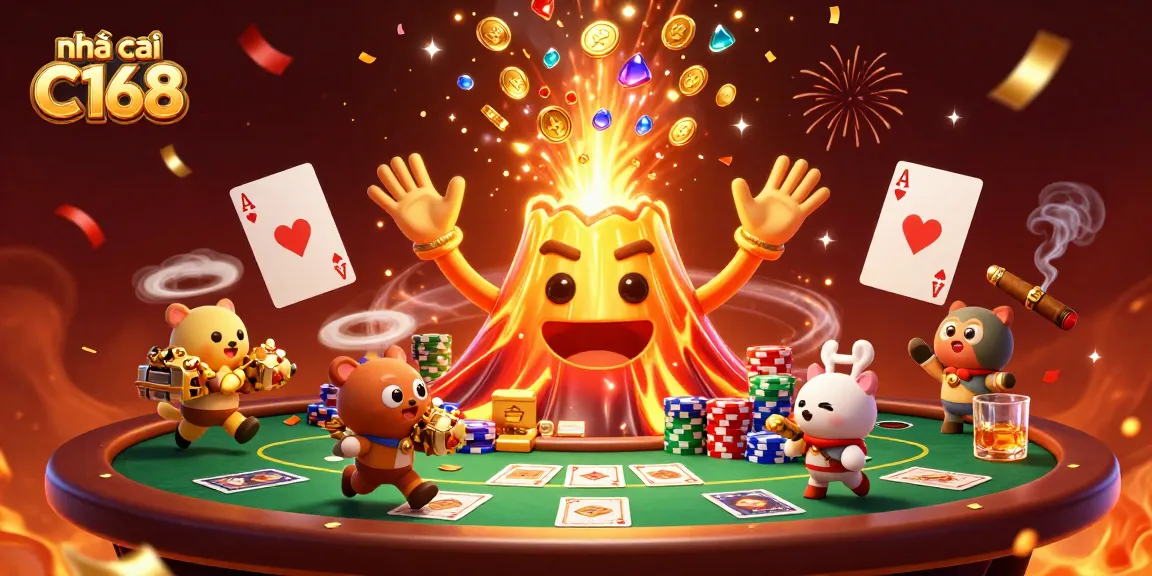 Experience the excitement at nhà cái C168 with a vibrant 3D casino scene filled with treasures and poker elements.