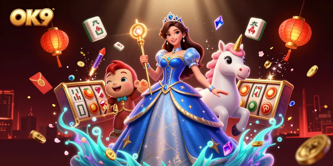 Experience thrilling casino action at OK9 with a stunning 3D illustration of gaming excitement featuring vibrant characters.