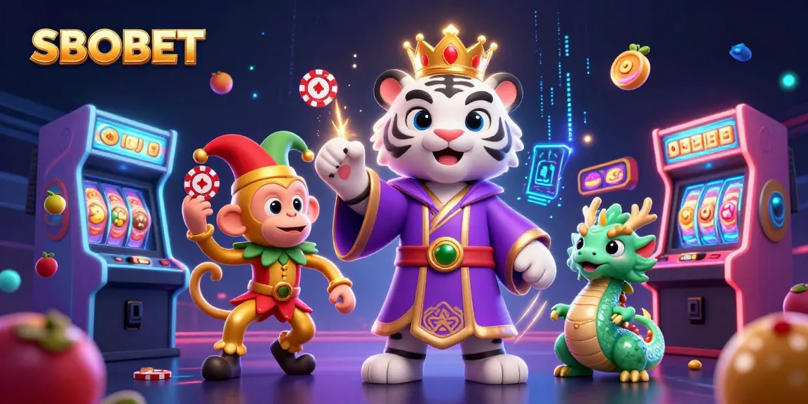 SBOBET offers a vibrant casino scene with a white tiger and golden monkey, showcasing dynamic gambling elements.