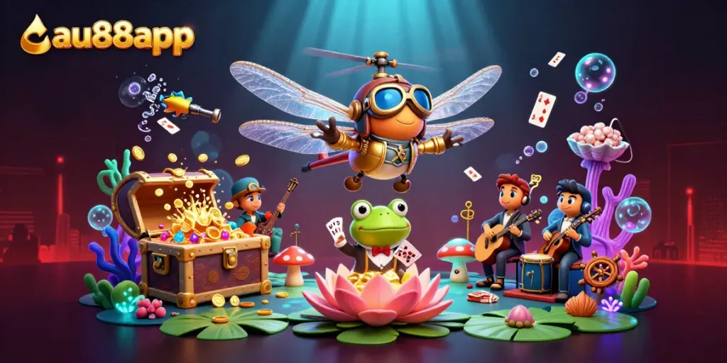 Experience thrilling gameplay with au88app at this vibrant lily pad casino scene featuring unique characters.
