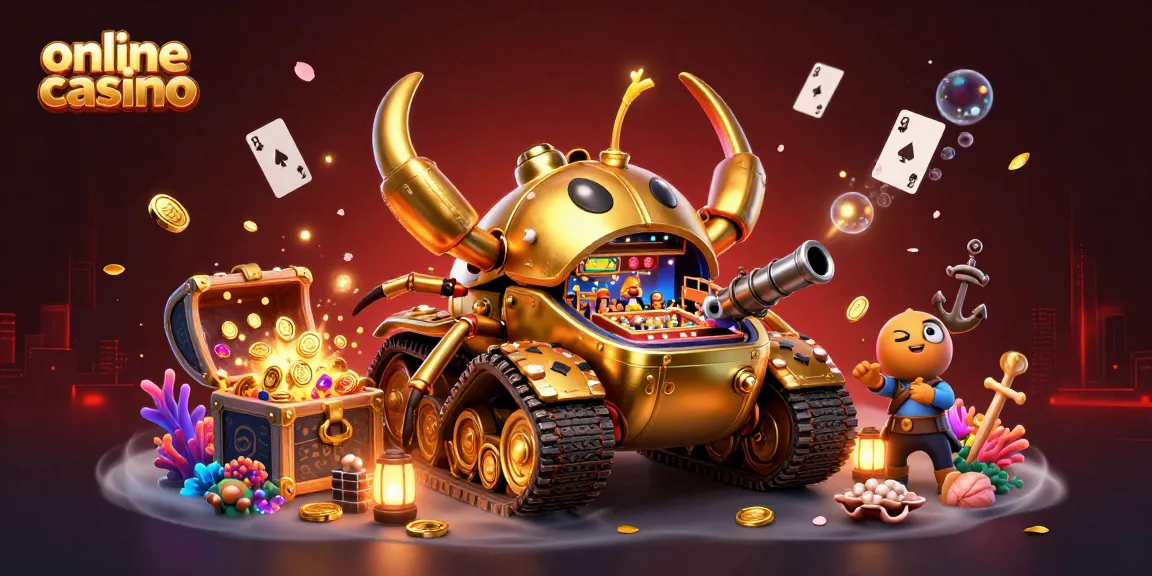 Engage in the dynamic action of an online casino scene featuring a golden beetle tank amid treasures.