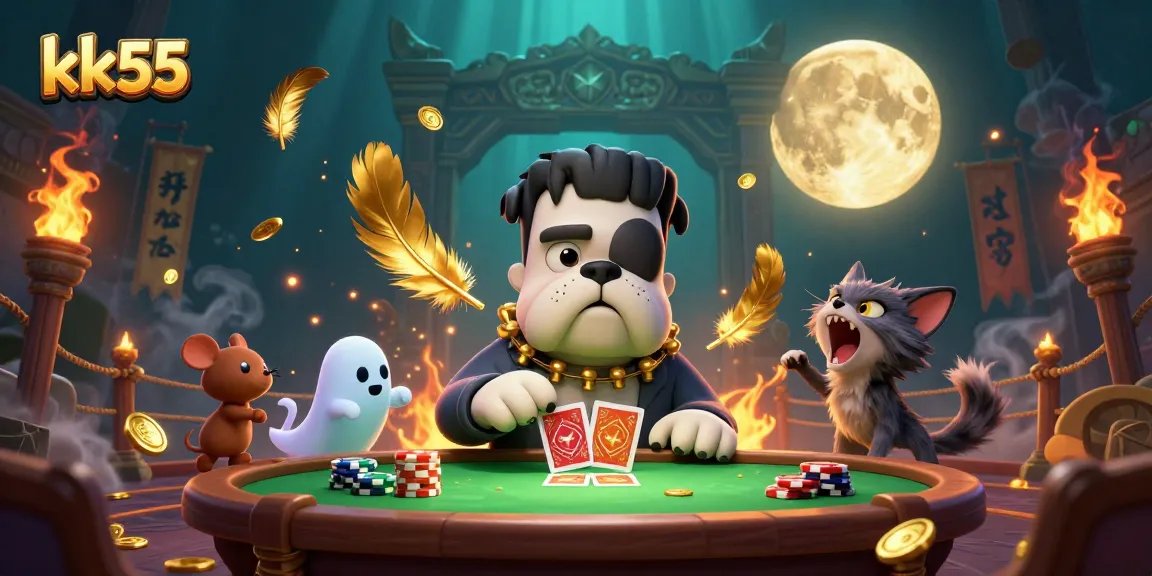 kk55 promotes a vibrant casino experience with Frankenstein bulldog dealing cards at a spooky table.