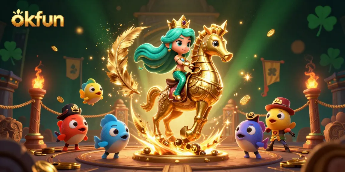 Experience the vibrant world of okfun with a colorful mermaid and giant seahorse in a lively casino scene.