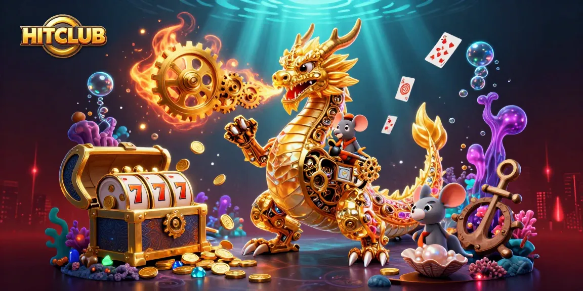 Engage in thrilling gaming action at HITCLUB with vibrant slot reels and golden treasures.