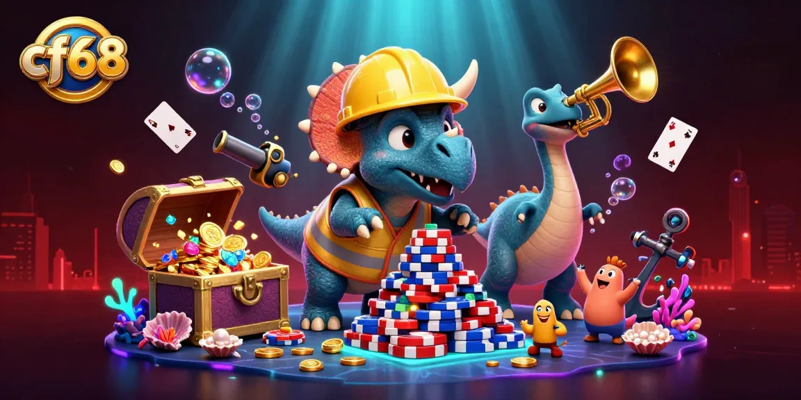 Win big at cf68 while enjoying a vibrant 3D casino scene featuring poker chips and cheerful characters.