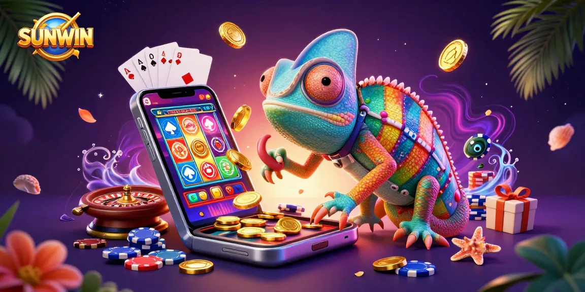 SUNWIN captivates with a colorful 3D illustration of a chameleon casino owner and vibrant gaming elements.