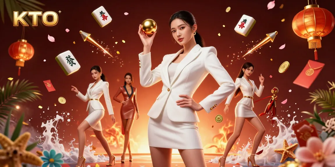 KTO showcases a stunning Asian woman in a tuxedo showcasing a golden roulette ball amidst vibrant casino elements.