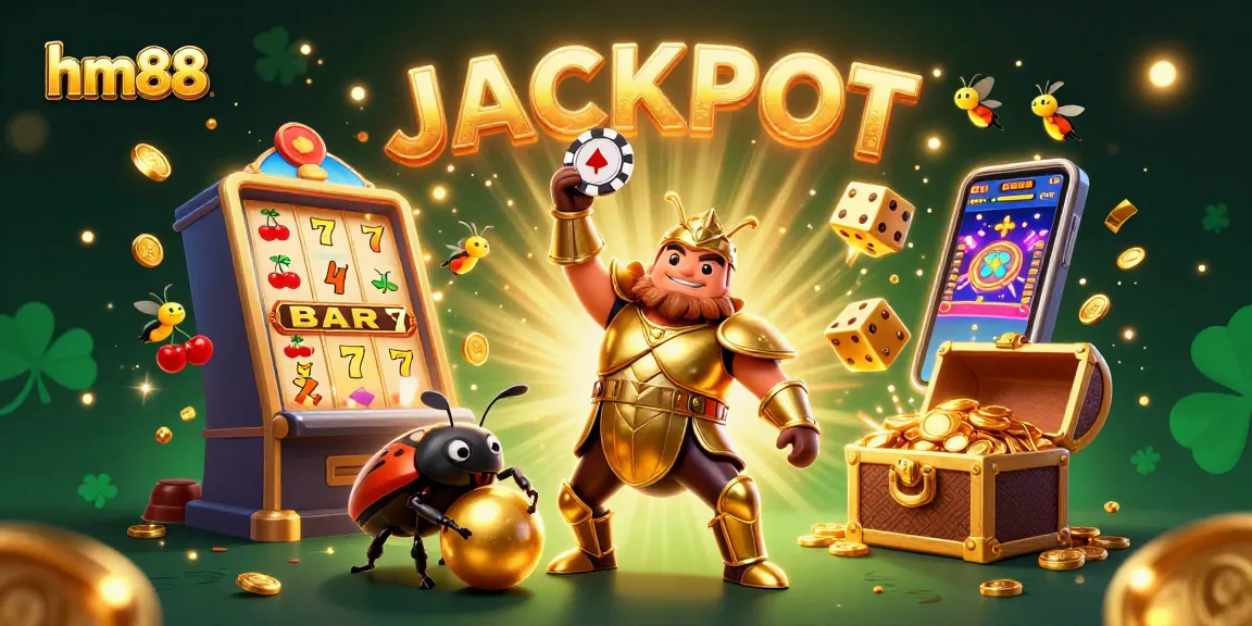 Engaging HM88 illustration showcasing a victorious beetle in casino glory, capturing excitement with dynamic gaming elements.