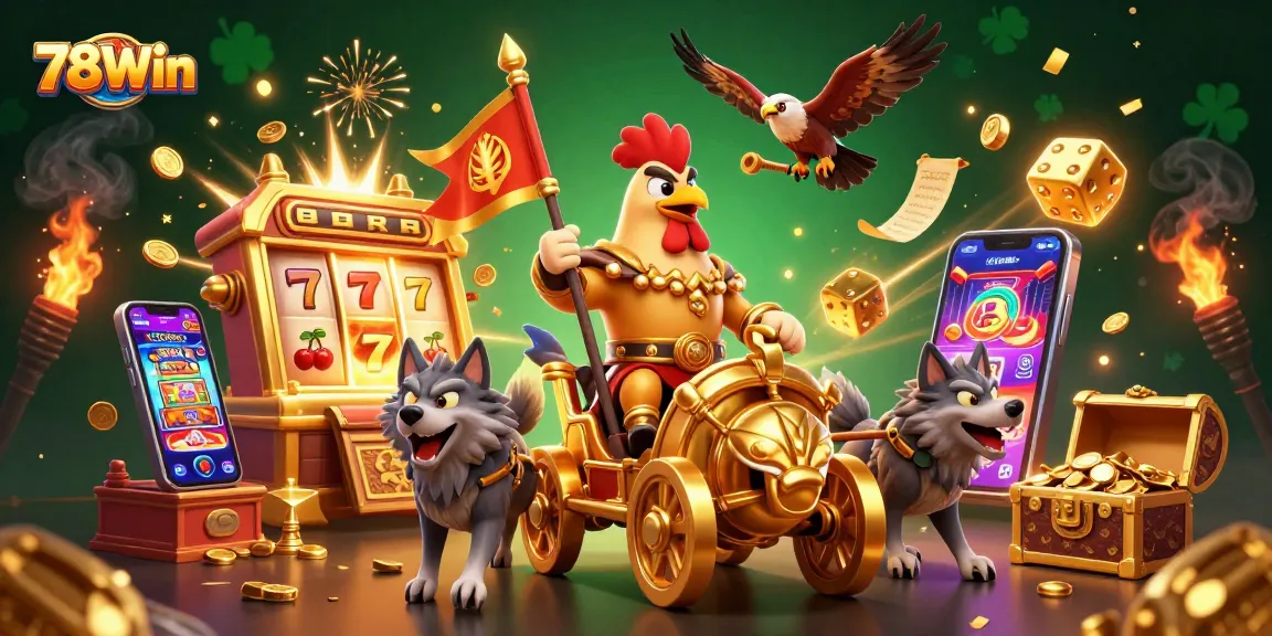 Experience the thrill of 78Win with a jackpot explosion and vibrant gaming elements in a dynamic casino scene.