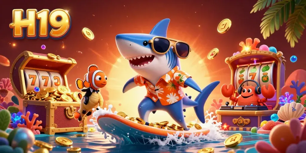 H19 casino-themed illustration featuring a cartoon shark surrounded by vibrant slot elements and sea creatures.