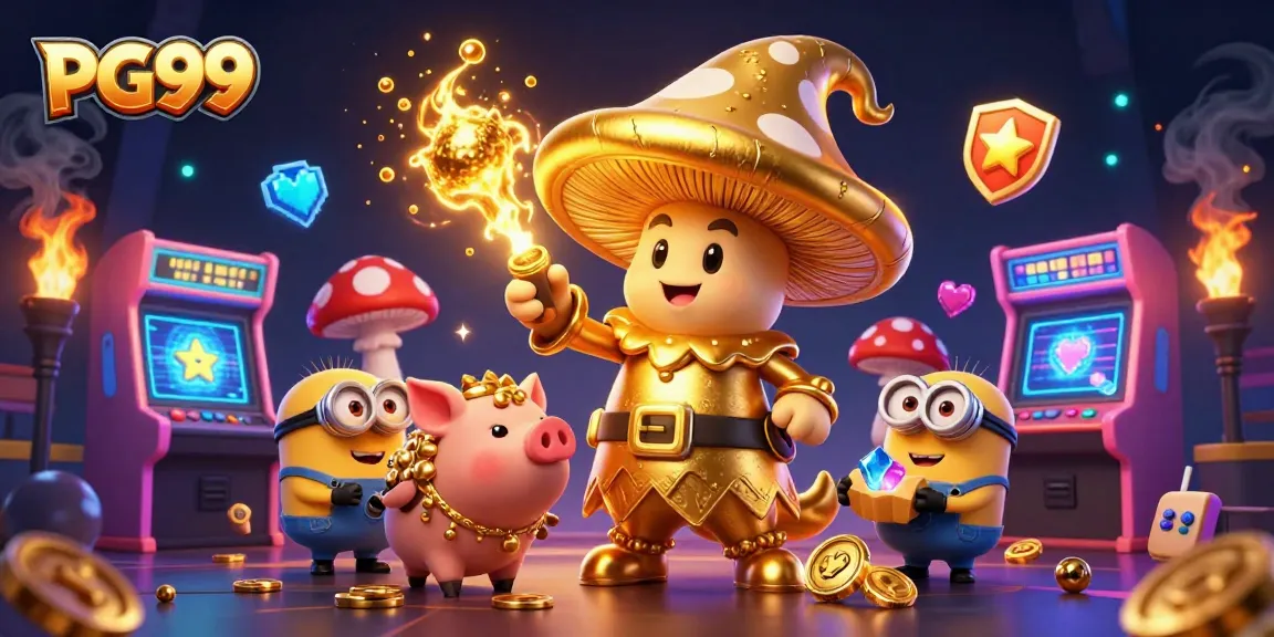PG99 players enjoying colorful casino games with gold and treasures amidst vibrant gaming elements.