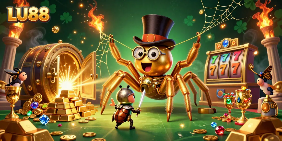 LU88 features a fun 3D scene with a giant tarantula and beetle knight in a vibrant casino.