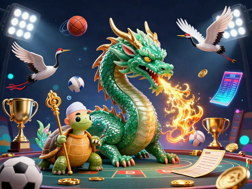 Experience the excitement of cm88 with a powerful jade dragon and dynamic sports elements in a vibrant casino scene.