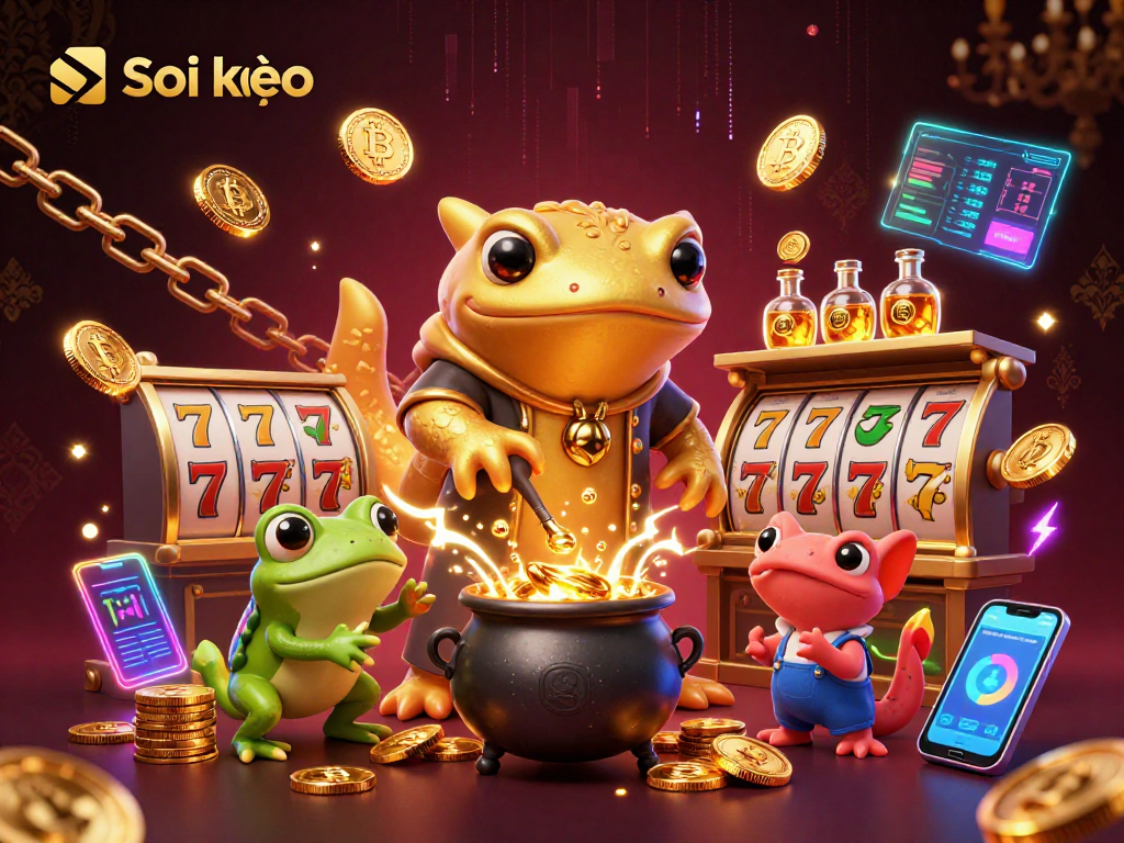 Soi kèo in a richly detailed casino scene with a golden salamander alchemist and cryptocurrency elements.