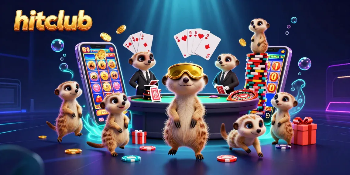 hitclub offers vibrant meerkat-themed casino fun with games and prizes in colorful 3D illustration.
