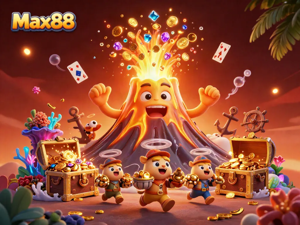 Experience the thrill of Max88 with a dynamic 3D scene featuring a victorious golden volcano and treasure-filled escapades.